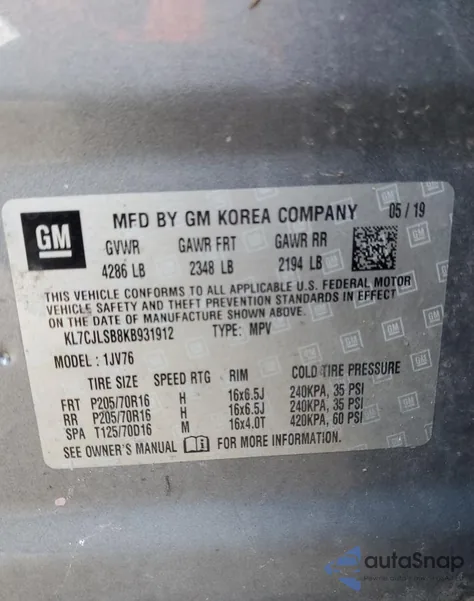 2019 Chevrolet Trax 1Lt z USA, uszkodzony, nr VIN KL7CJLSB8KB931912